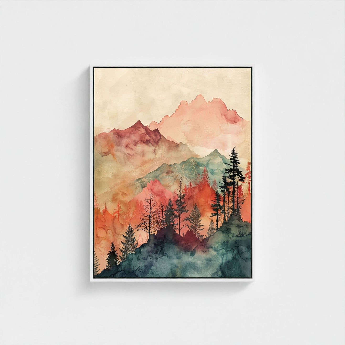 Watercolor Mountain Landscape Wall Art Canvas Print - Framed Modern Nature Wall Art