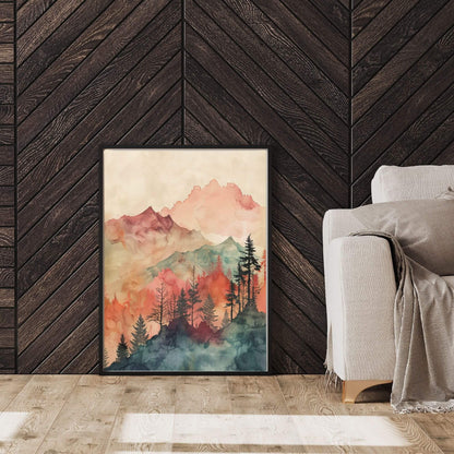 Watercolor Mountain Landscape Wall Art Canvas Print - Framed Modern Nature Wall Art