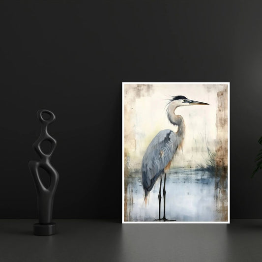 Watercolor Retro Blue Heron Wabi Sabi Wall Art Canvas Print For Modern Living Room Bedroom Home Decor