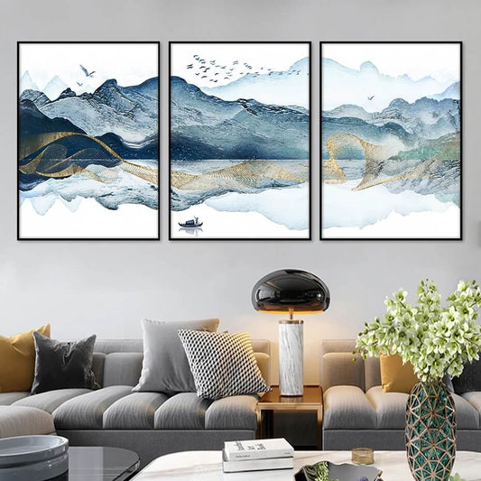 Watercolor Blue Golden Mountains Canvas Prints Abstract Landscape Lake Birds Wall Art Pictures For Living Room Bedroom Home Décor