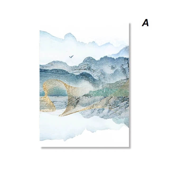 Watercolor Blue Golden Mountains Canvas Prints Abstract Landscape Lake Birds Wall Art Pictures For Living Room Bedroom Home Décor