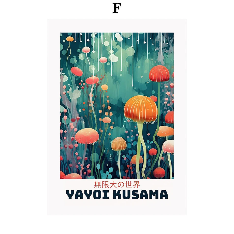 Whimsical Woodland Mushrooms Trees Floral Motifs Inspired by Yayoi Kusama Canvas Print Wall Art For Unique Wall Décor