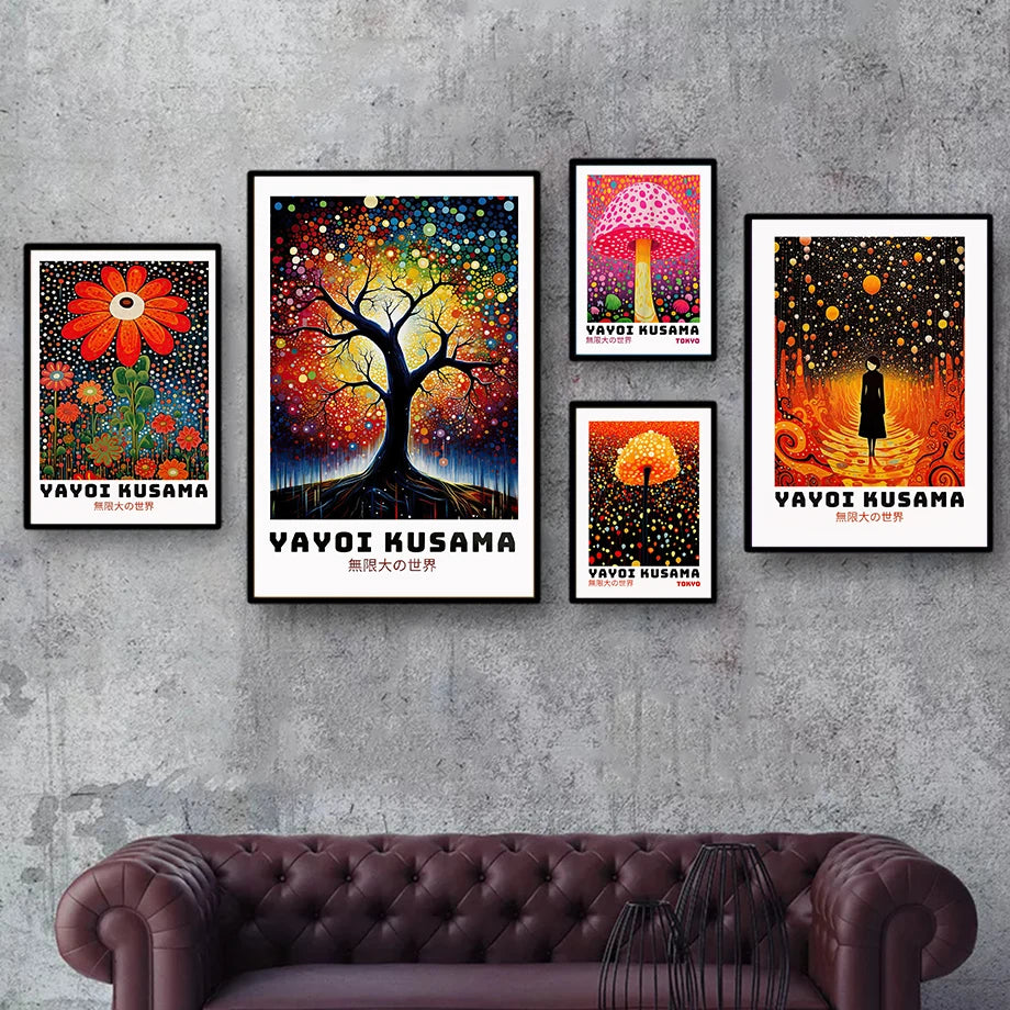 Whimsical Woodland Mushrooms Trees Floral Motifs Inspired by Yayoi Kusama Canvas Print Wall Art For Unique Wall Décor