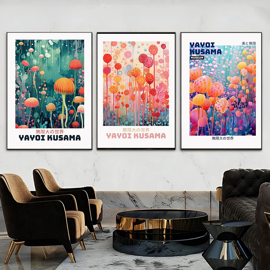 Whimsical Woodland Mushrooms Trees Floral Motifs Inspired by Yayoi Kusama Canvas Print Wall Art For Unique Wall Décor