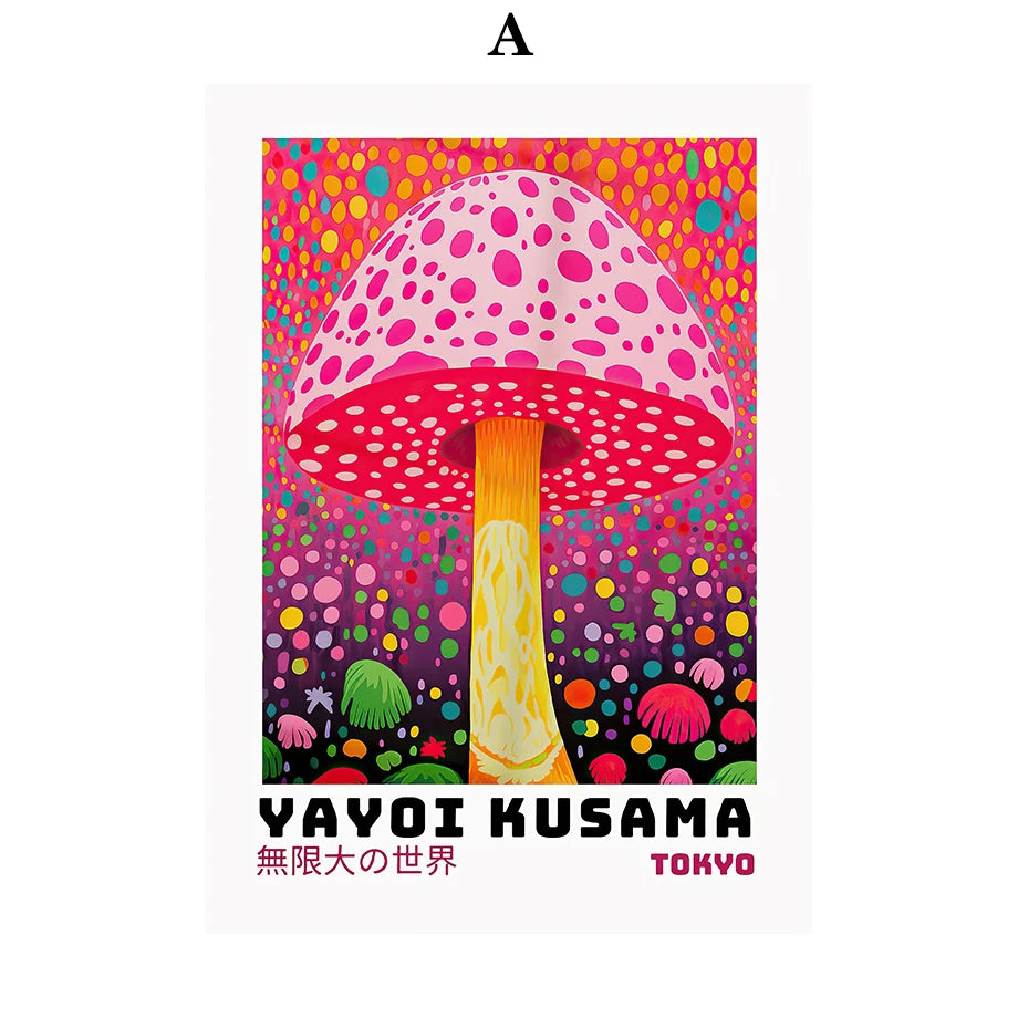 Whimsical Woodland Mushrooms Trees Floral Motifs Inspired by Yayoi Kusama Canvas Print Wall Art For Unique Wall Décor