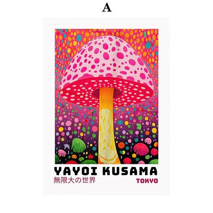 Whimsical Woodland Mushrooms Trees Floral Motifs Inspired by Yayoi Kusama Canvas Print Wall Art For Unique Wall Décor