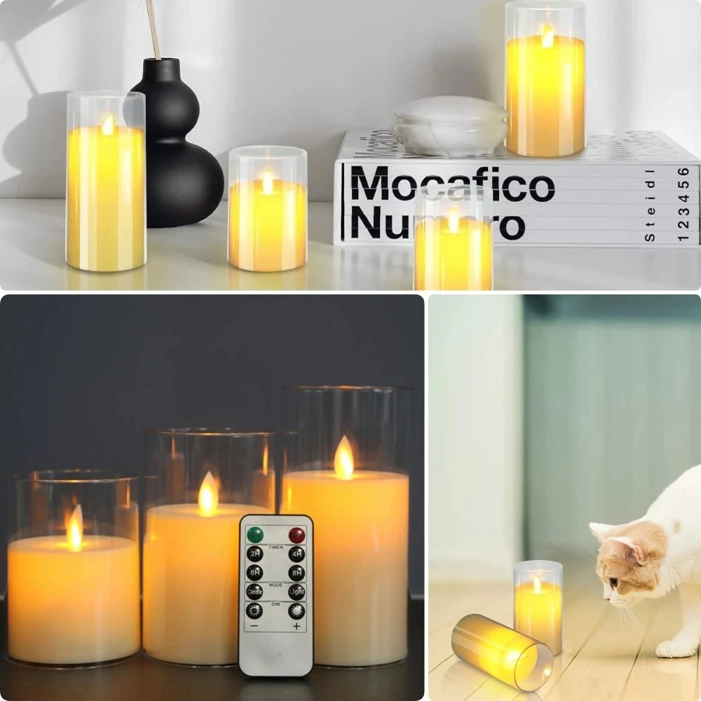 White Glass LED Candle Set of 3 – Flameless Remote-Controlled Candles