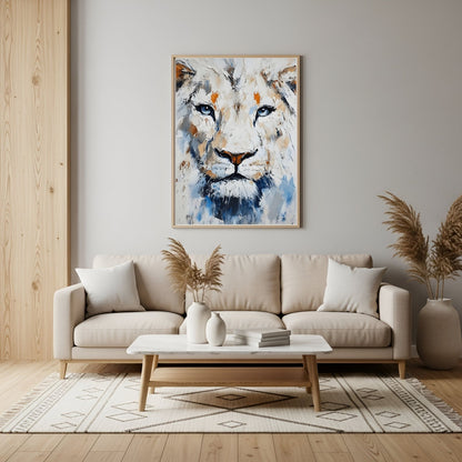White Lion Framed Wall Art – Modern Abstract Wildlife Canvas Print for Contemporary Home Decor