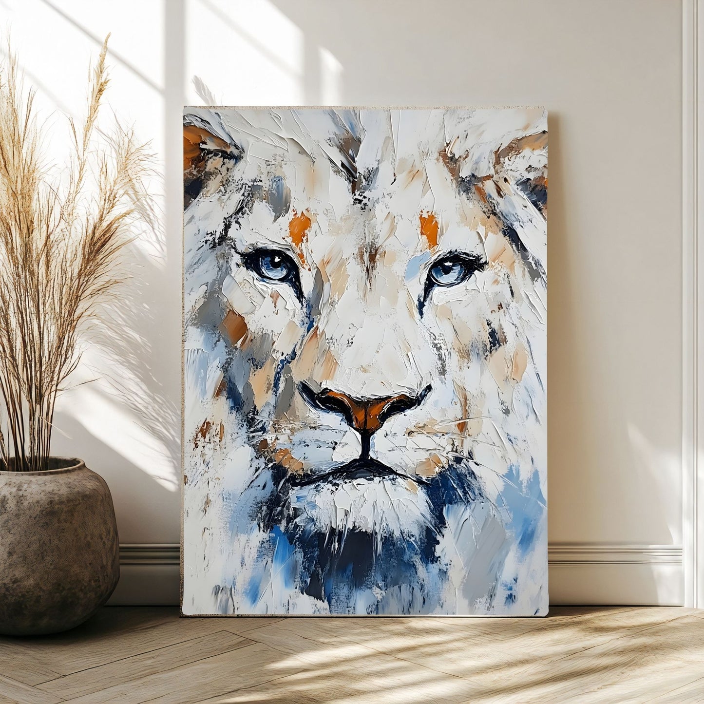 White Lion Framed Wall Art – Modern Abstract Wildlife Canvas Print for Contemporary Home Decor