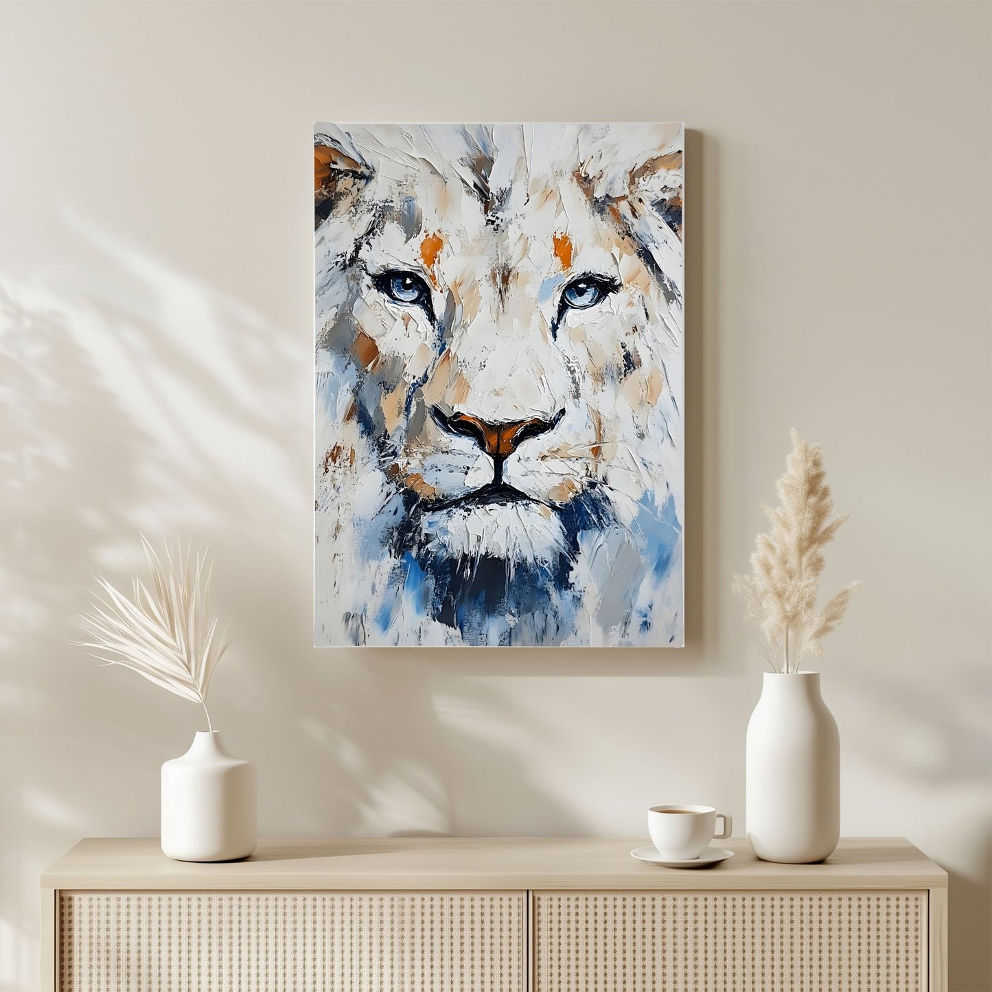 White Lion Framed Wall Art – Modern Abstract Wildlife Canvas Print for Contemporary Home Decor