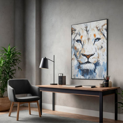 White Lion Framed Wall Art – Modern Abstract Wildlife Canvas Print for Contemporary Home Decor