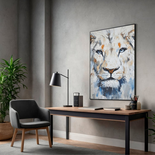White Lion Framed Wall Art – Modern Abstract Wildlife Canvas Print for Contemporary Home Decor
