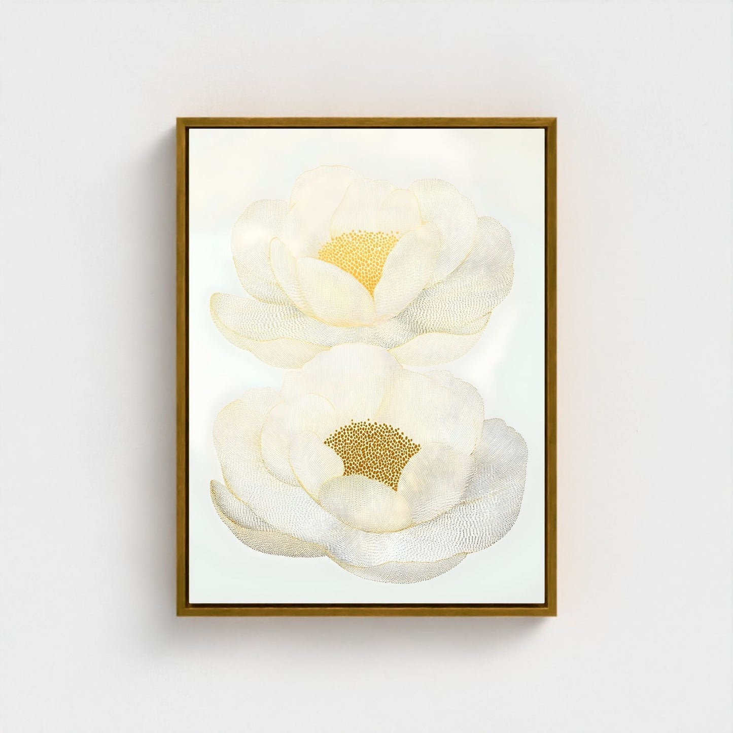 Framed artwork of two white flowers with gold centers on a light gray background