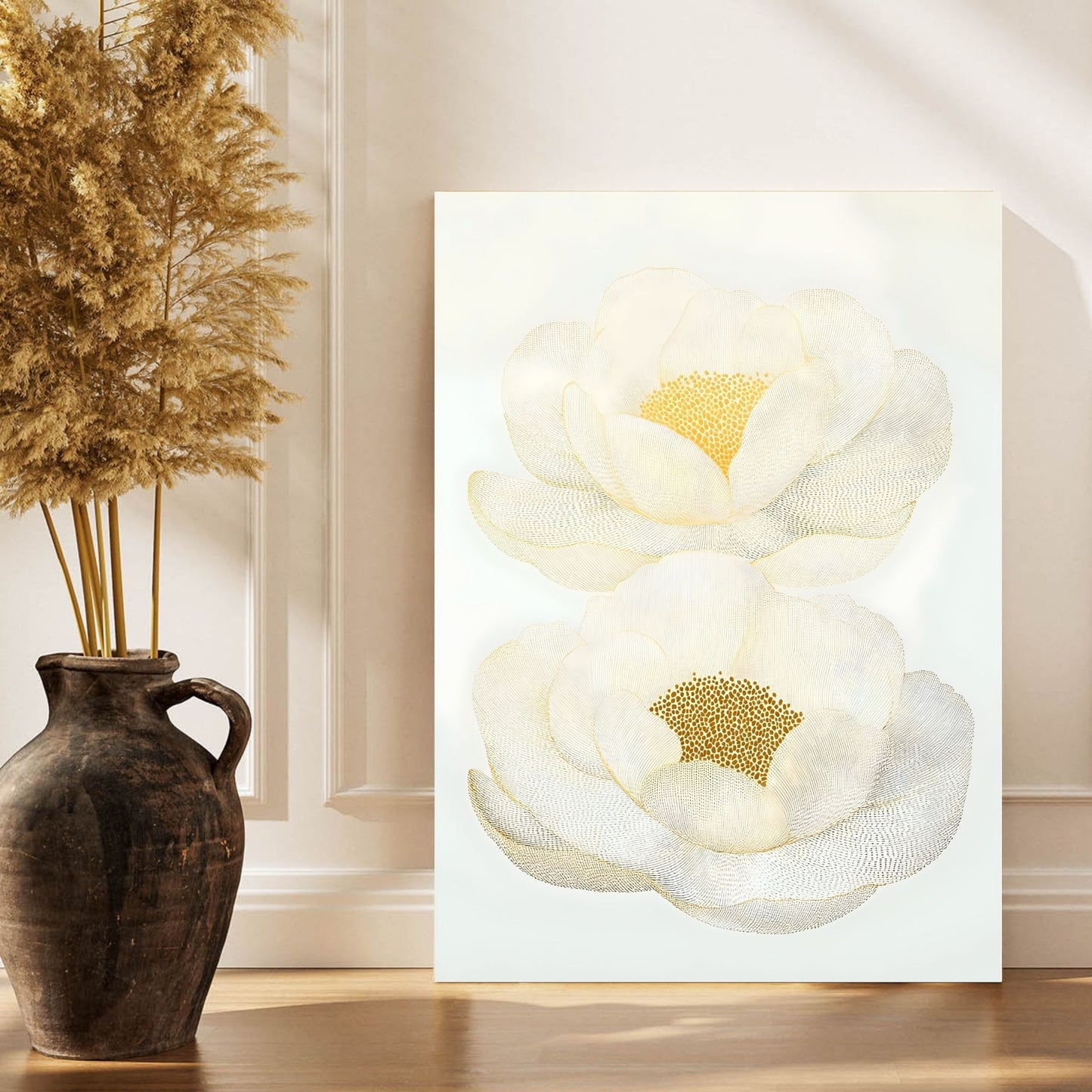White Magnolia Floral Framed Wall Art Canvas Print – Elegant Neutral Botanical Artwork