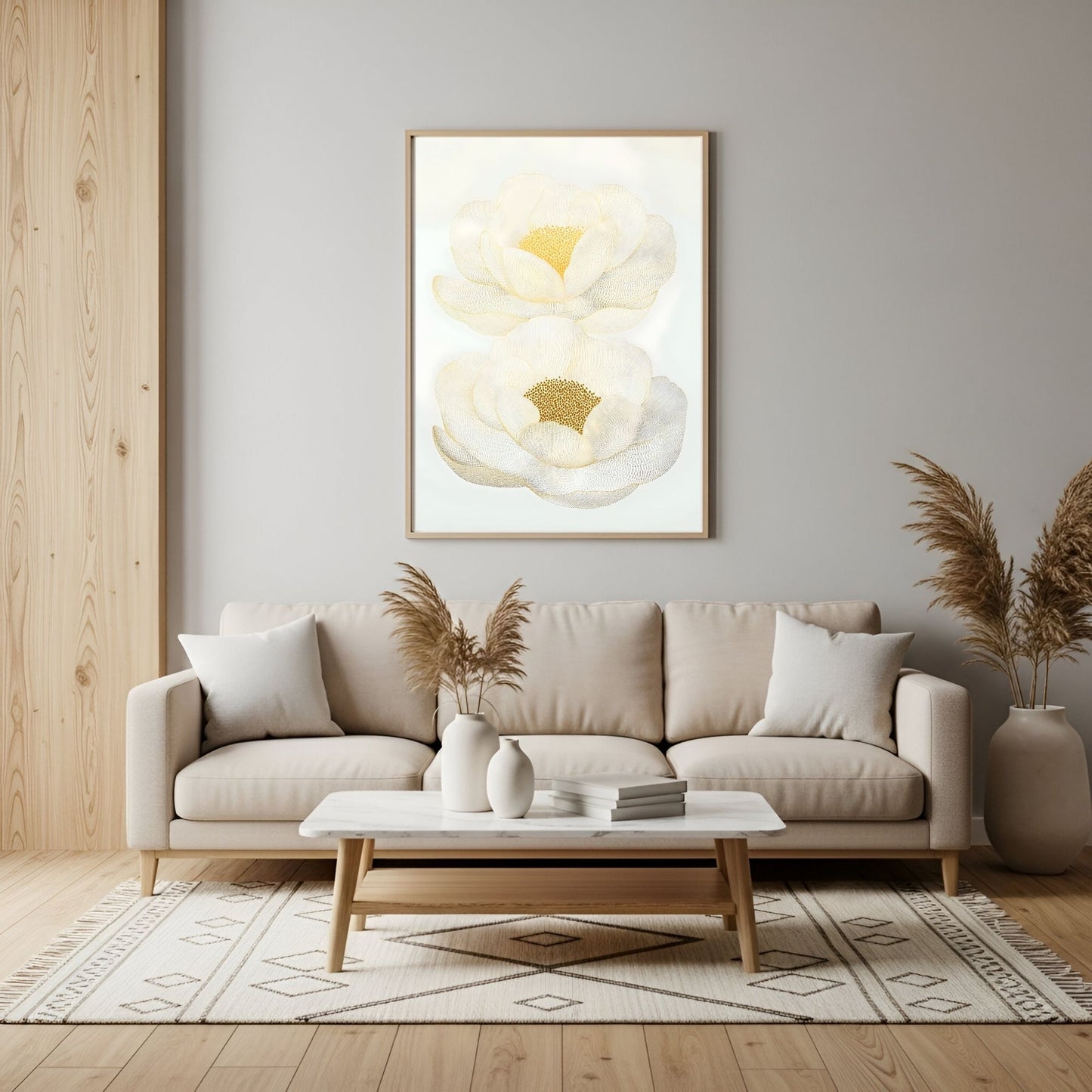 White Magnolia Floral Framed Wall Art Canvas Print – Elegant Neutral Botanical Artwork