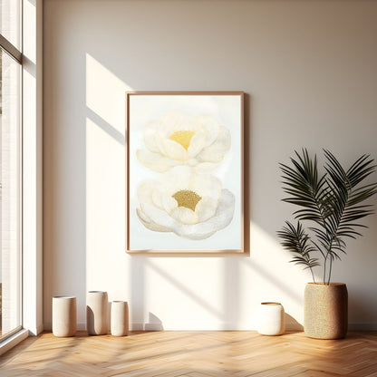 White Magnolia Floral Framed Wall Art Canvas Print – Elegant Neutral Botanical Artwork