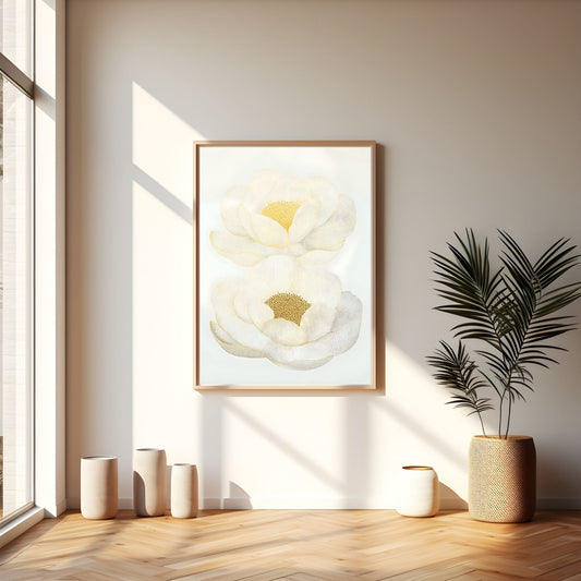White Magnolia Floral Framed Wall Art Canvas Print – Elegant Neutral Botanical Artwork