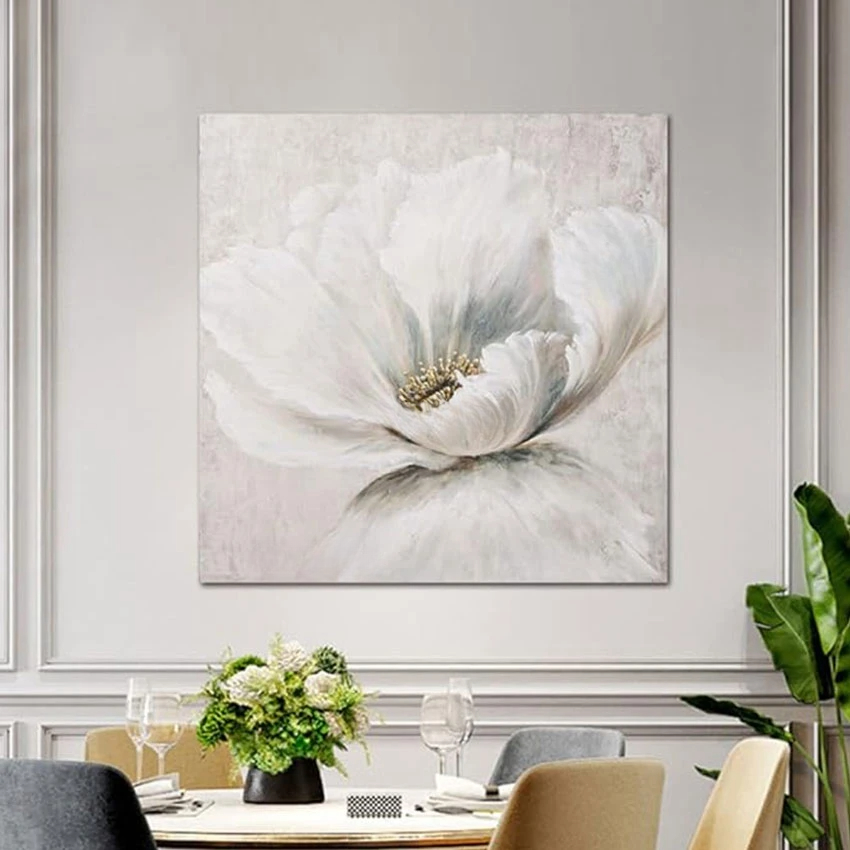 Elegant Aesthetic White Flower Canvas Artwork Hand-Painted Textured Wall Art