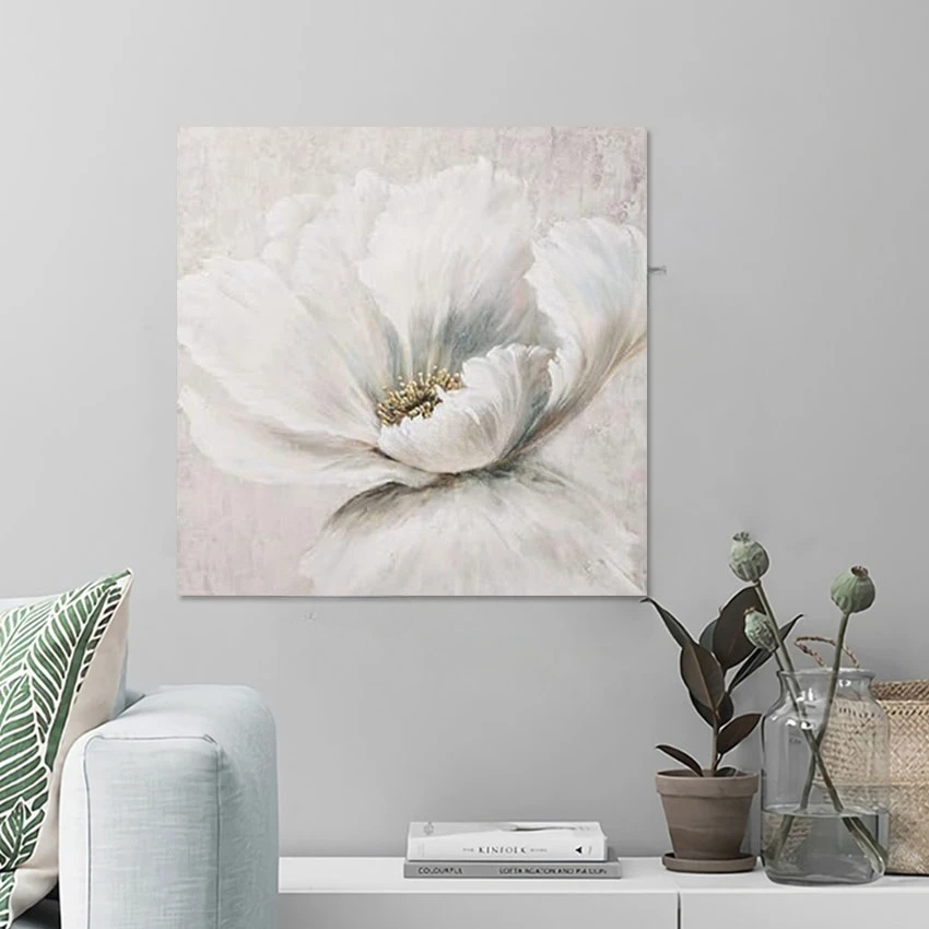 Elegant Aesthetic White Flower Canvas Artwork Hand-Painted Textured Wall Art