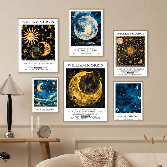 William Morris Full Moon and Stars Celestial Vintage Wall Art Canvas Print Retro Poster for Living Room Bedroom Home Office Decor