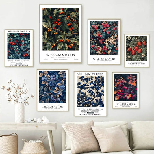 William Morris Berries Blueberry Strawberry Raspberry Red Currant Vintage Botanical Large Wall Art Canvas Print Poster for Kitchen Home Decor