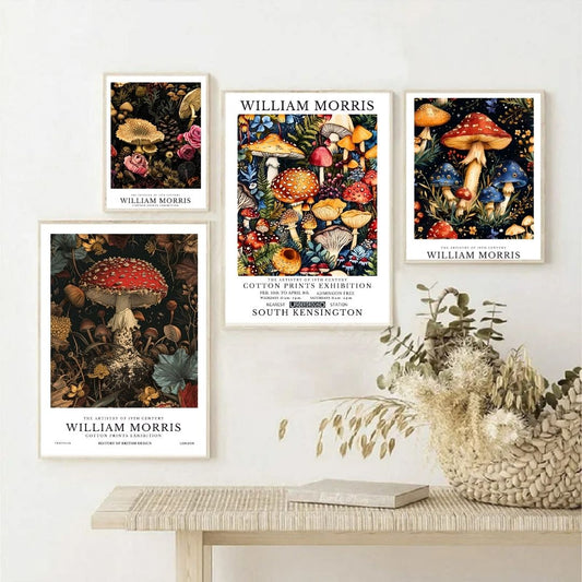 William Morris Woodland Mushrooms Motif Vintage Botanical Wall Art Canvas Print Retro Poster for Kitchen Dining Room Home Decor