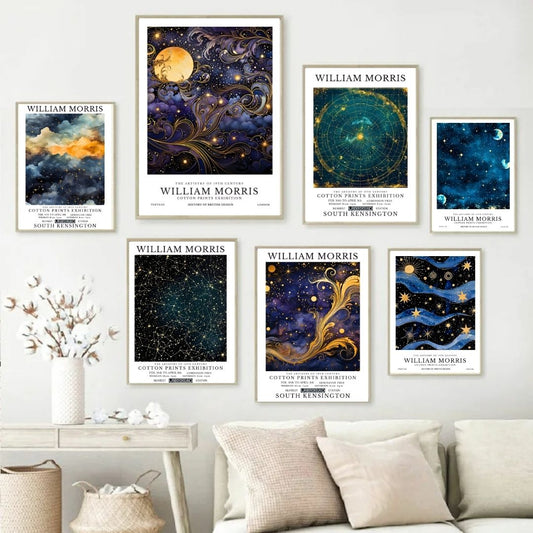 William Morris Galaxy Stars Luna Dreams Celestial Wall Art Canvas Print Vintage Retro Big Poster for Bedroom Living Room Wall Decor