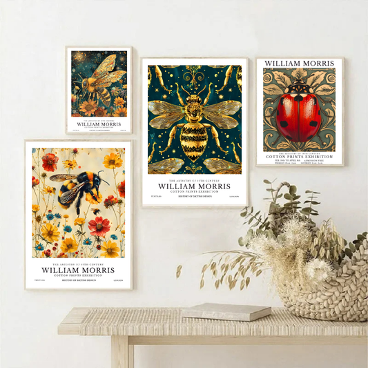William Morris Bees Ladybird Vintage Botanical Insects Wall Art Canvas Print Floral Nature Poster for Kitchen Dining Room Home Decor