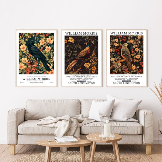 William Morris Crow Raven Pheasant Falcon Floral Wall Art Canvas Print Vintage Bird Poster for Living Room Home Office Decor
