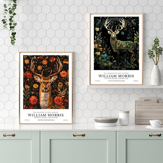 William Morris Deer Vintage Animal Wall Art Canvas Print Botanical Retro Poster for Living Room Bedroom Wall Decor