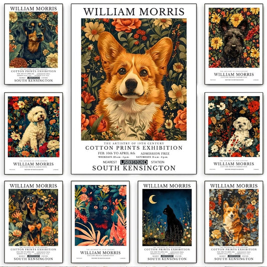 William Morris Dog and Cat Vintage Animal Wall Art Canvas Print Botanical Retro Large Poster for Home Office Decor