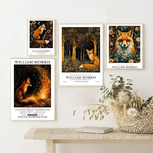 William Morris Fox Vintage Animal Wall Art Canvas Print Floral Retro Poster for Living Room Bedroom Wall Decor