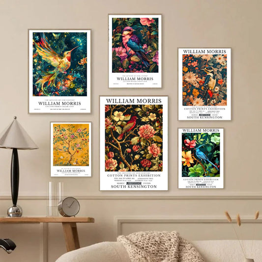 William Morris Hummingbird Colorful Birds Flowers Wall Art Canvas Print Botanical Poster For Modern Vintage Home Office Wall Decor
