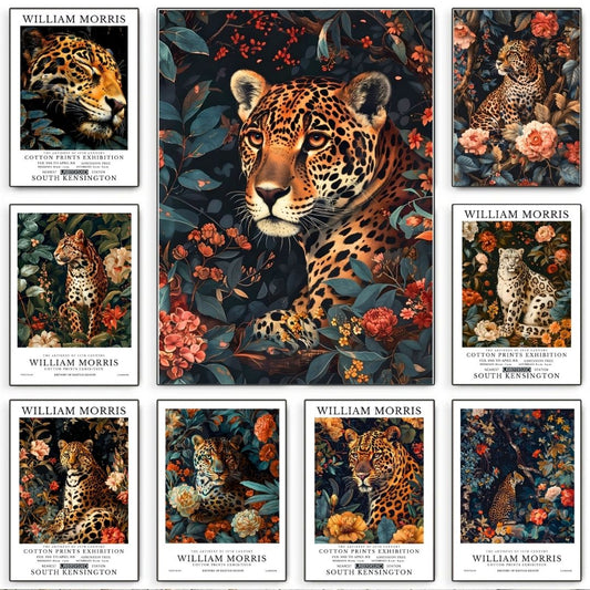 William Morris Leopard Vintage Animal Wall Art Canvas Print Botanical Tropical Floral Retro Poster Home Office Wall Decor