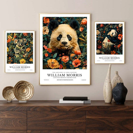 William Morris Panda and Koala Vintage Animal Wall Art Canvas Print Botanical Retro Large Floral Poster for Living Room Decor