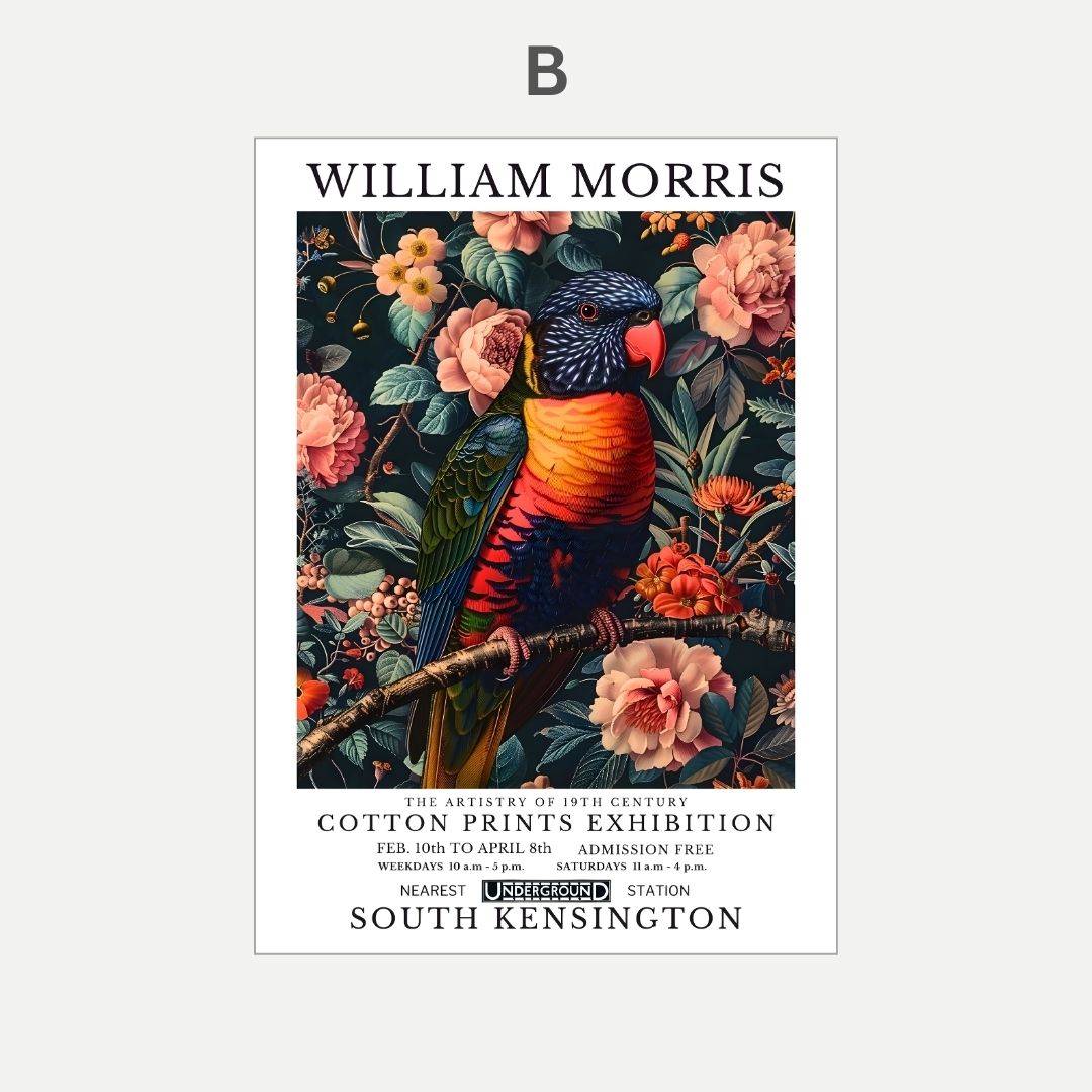 Poster of William Morris with a parrot and floral design on a white background