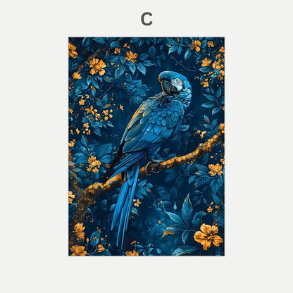 Blue parrot on a branch with floral background