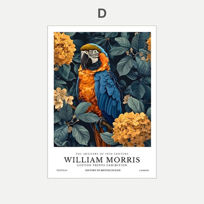 Poster of a parrot among flowers and leaves with 'William Morris' text.