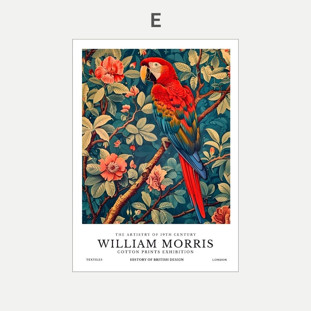 Poster of a parrot on a branch with flowers, featuring William Morris branding.
