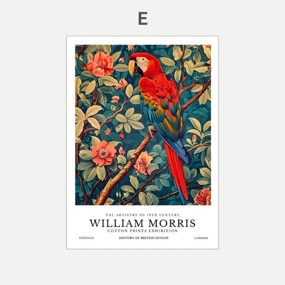 Poster of a parrot on a branch with flowers, featuring William Morris branding.