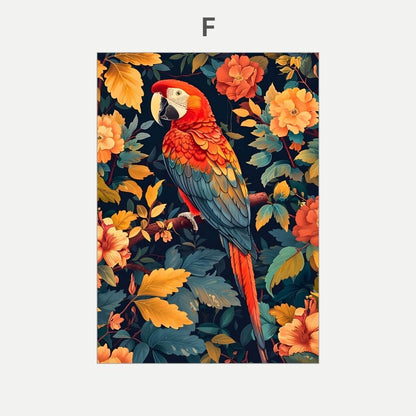 Colorful parrot illustration on a floral background.
