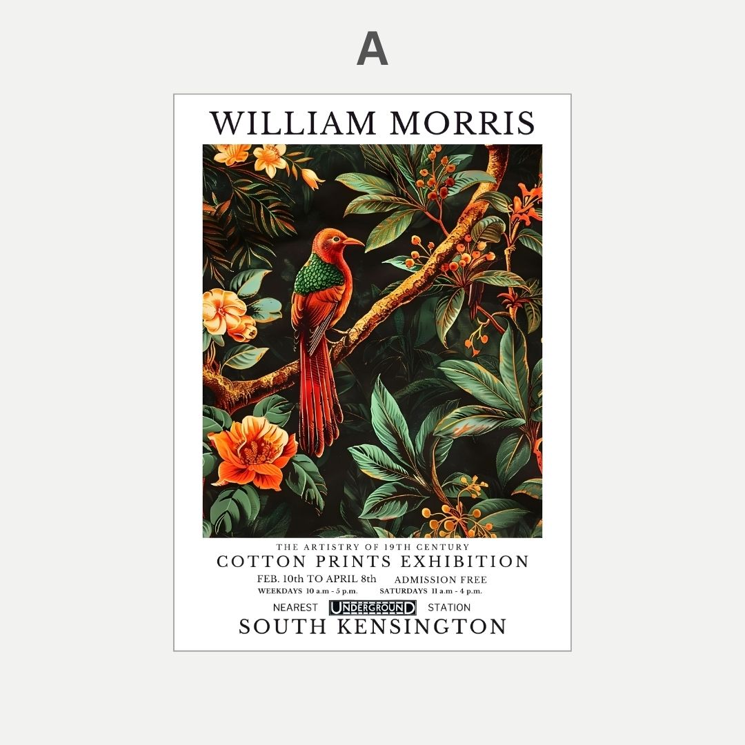 Poster of William Morris art exhibition with a bird and floral design.