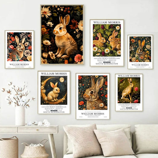 William Morris Rabbit Hare Vintage Animal Wall Art Canvas Print Botanical Woodland Poster for Bedroom Living Room Home Decor