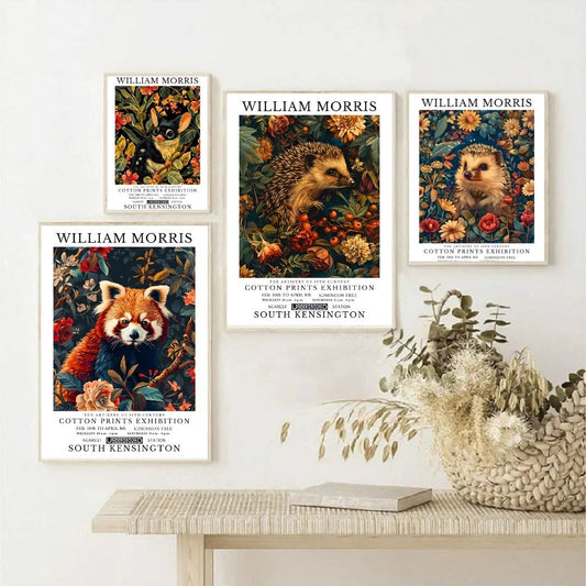 William Morris Raccoon Hedgehog Possum Vintage Animal Wall Art Canvas Print Botanical Retro Poster Home Office Decor