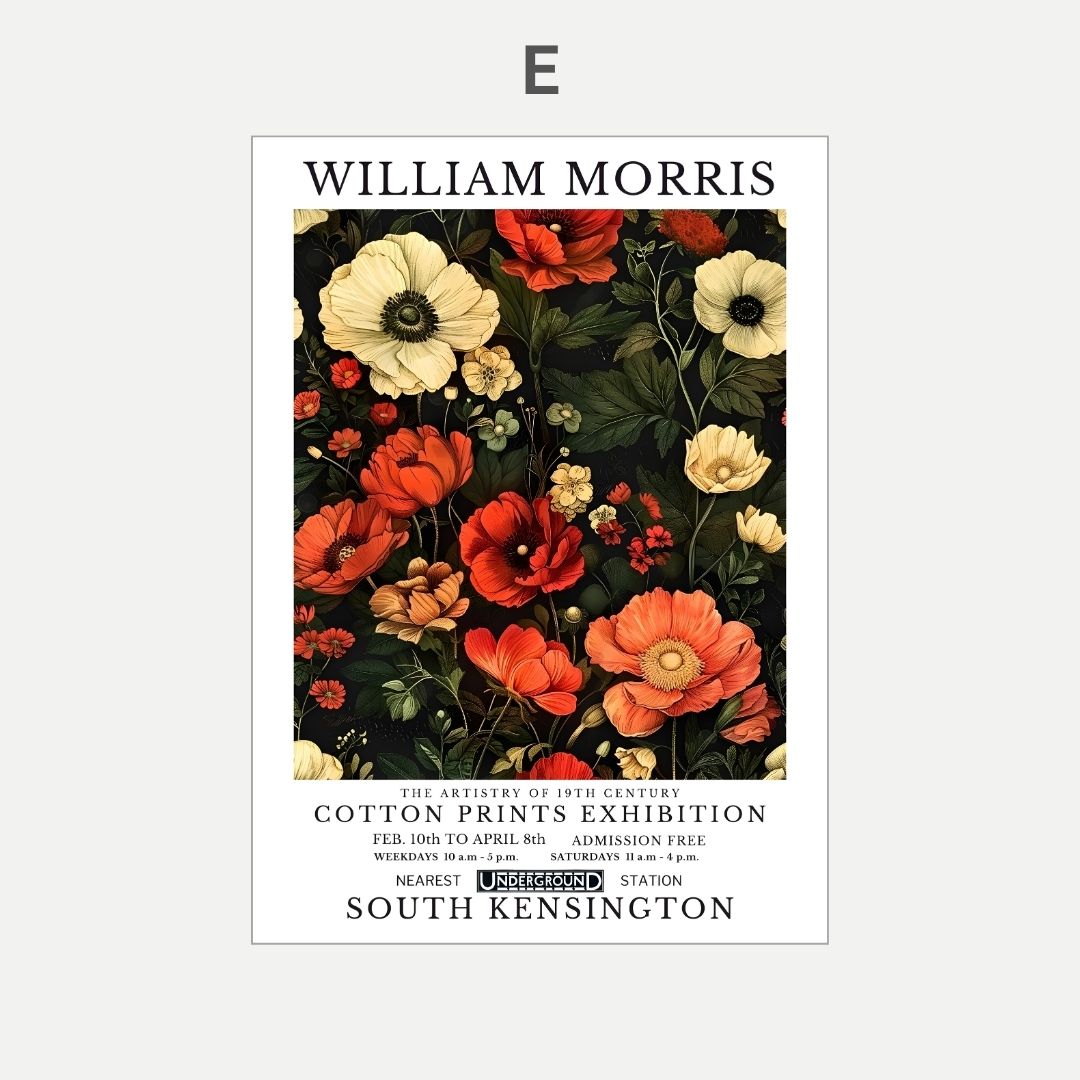 Poster for William Morris exhibition featuring floral design on a white background