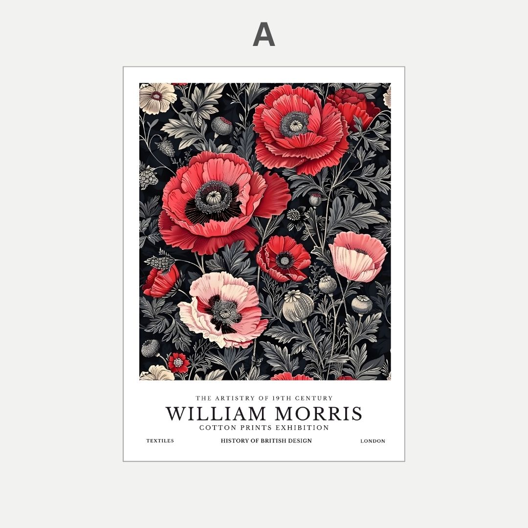 Floral design with red and pink flowers on a black background, featuring William Morris text.