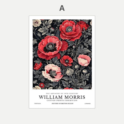 Floral design with red and pink flowers on a black background, featuring William Morris text.