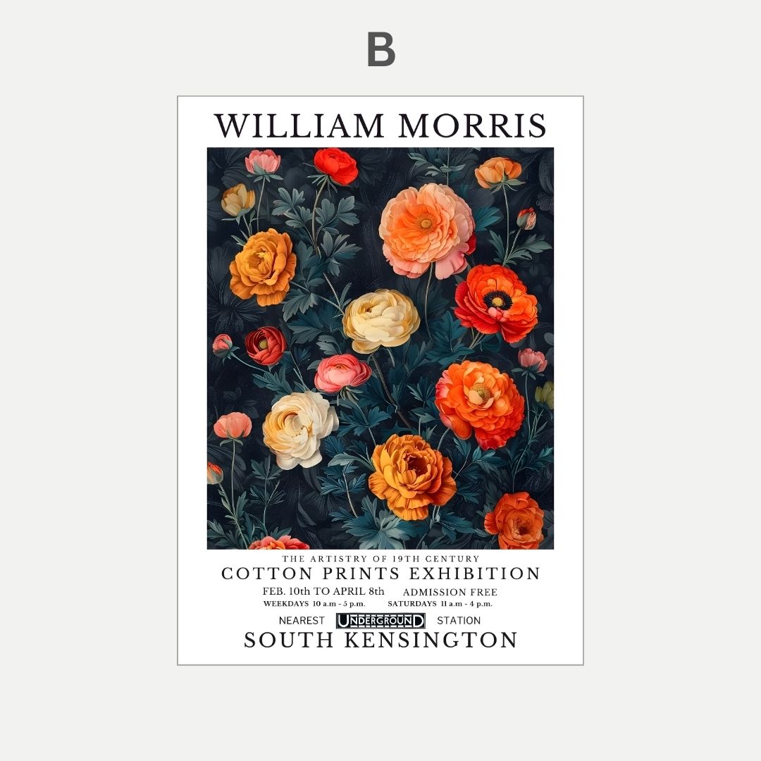 Poster for William Morris exhibition featuring colorful floral design on a dark background.
