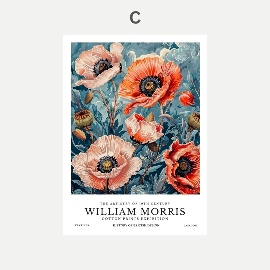 Poster with floral design and text about William Morris on a white background