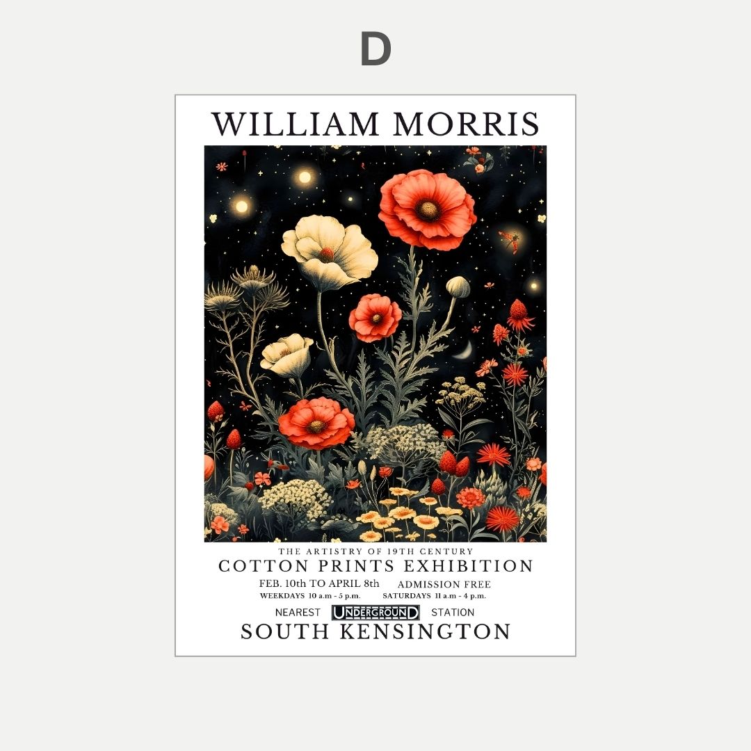 Poster for William Morris exhibition with floral design and event details.
